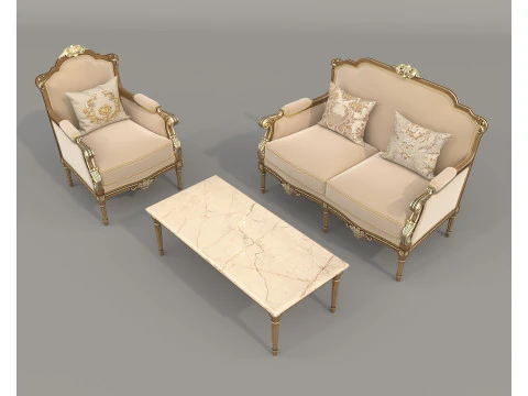 Classic European Style Sofa and Armchair Set 14 3D Model