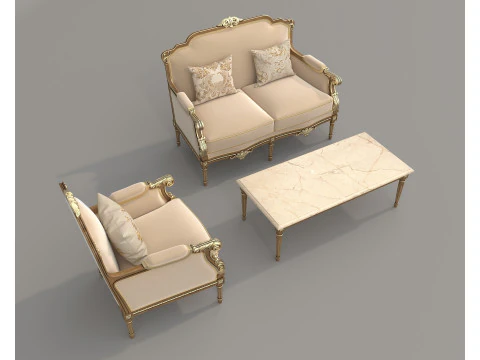 Classic European Style Sofa and Armchair Set 14 3D Model
