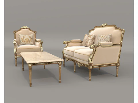 Classic European Style Sofa and Armchair Set 14 3D Model