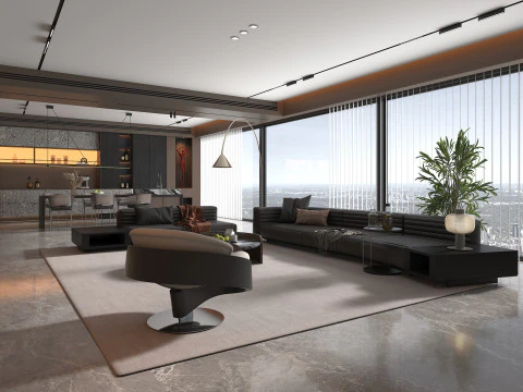 Living Room and Kitchen Scene 5 3D Model