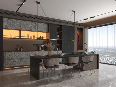 Living Room and Kitchen Scene 5 3D Model