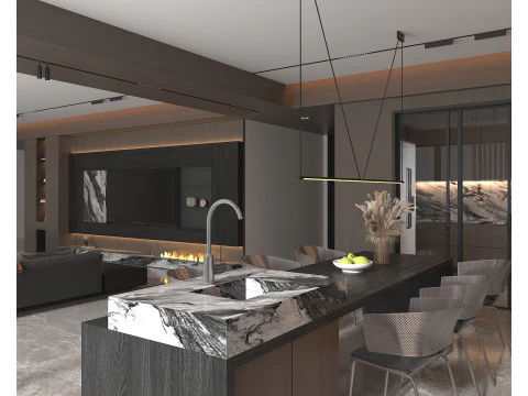 Living Room and Kitchen Scene 5 3D Model