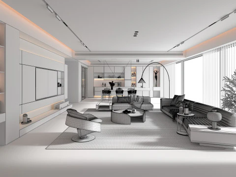 Living Room and Kitchen Scene 5 3D Model