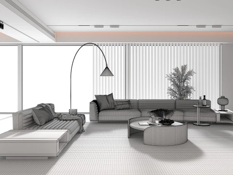 Living Room and Kitchen Scene 5 3D Model