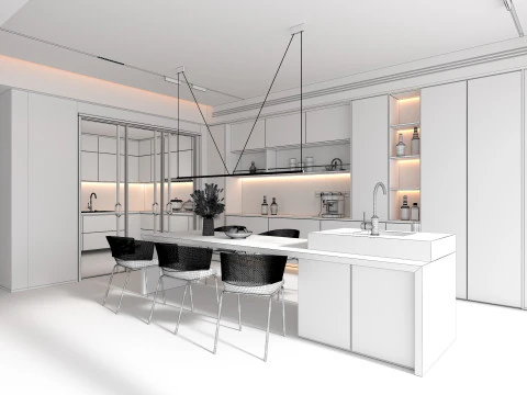 Living Room and Kitchen Scene 5 3D Model