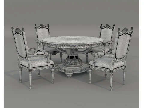 Classic European style Dining Table and Chairs 64 3D Model