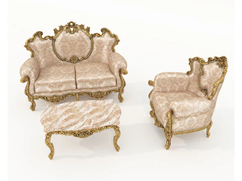Klassieke bank- en fauteuilset in Europese stijl 16 3D Model
