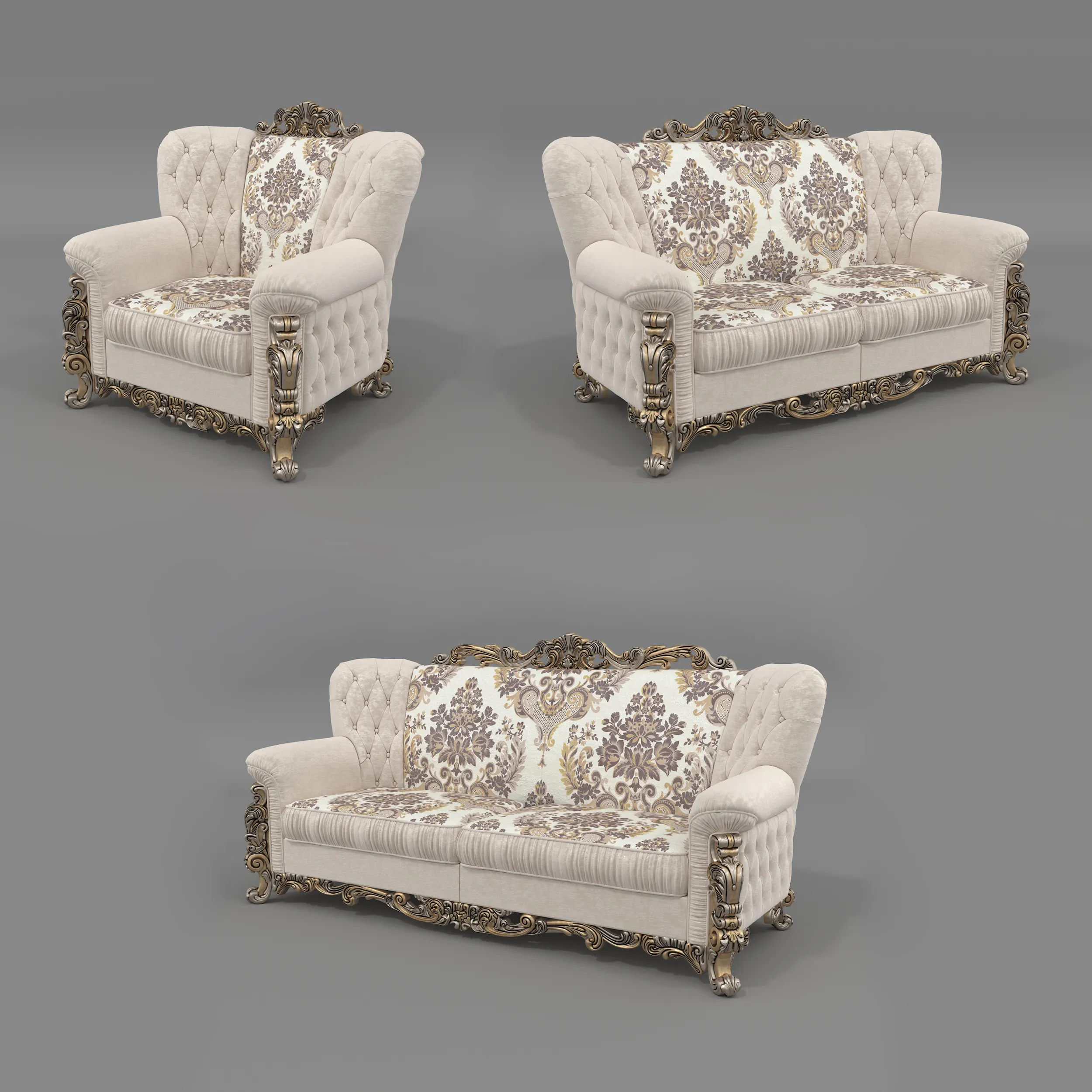 Classic Rococo Tufted Sofa and Armchair Set 3D Model .c4d .max .obj .3ds .fbx .stl .blend 