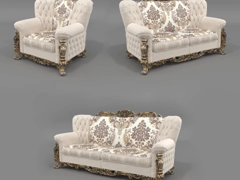Classic Rococo Tufted Sofa and Armchair Set 3D Model