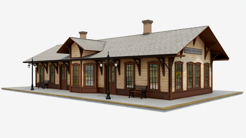Vintage Wooden Train Station 3D Model .c4d .max .obj .3ds .fbx .stl .blend 