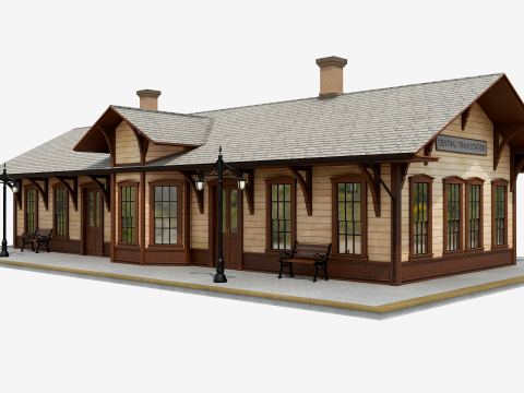 Vintage Wooden Train Station 3D Model