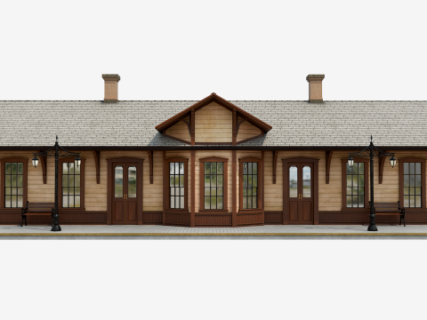 Vintage Wooden Train Station 3D Model