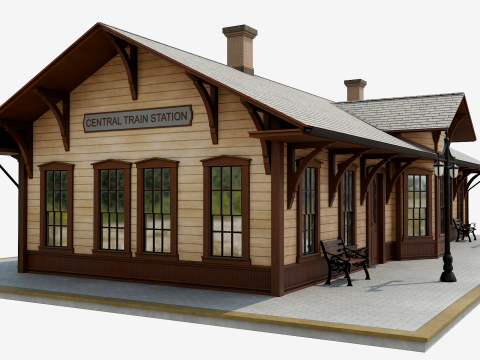 Vintage Wooden Train Station 3D Model