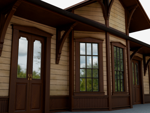 Vintage Wooden Train Station 3D Model