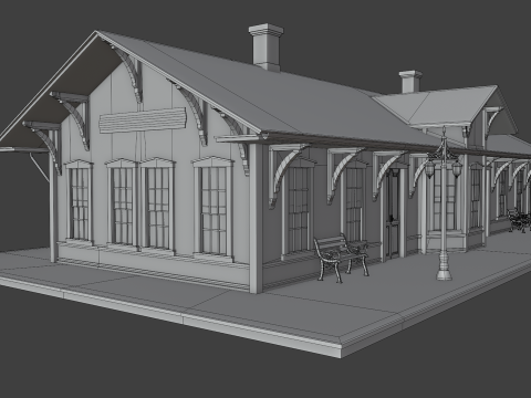 Vintage Wooden Train Station 3D Model