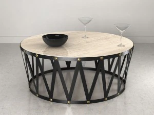 Tavolino da cocktail rotondo con tamburo in travertino bassett e bicchiere da cocktail Modello 3D