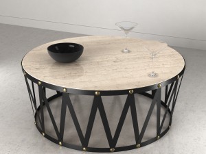 bassett travertine drum round cocktail table with cocktail glass 3D Model