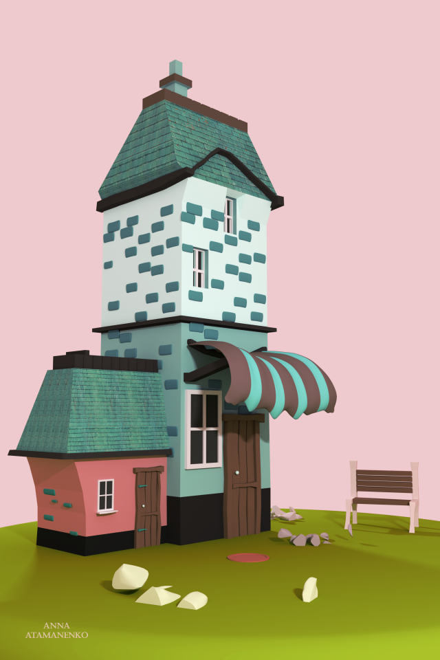 movie pink low poly house Modello 3D .c4d .max .obj .3ds .fbx .stl .blend 