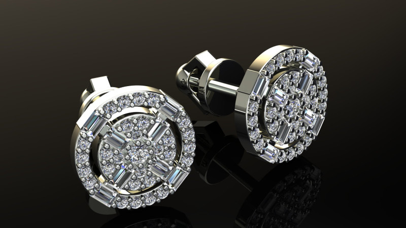 Round Diamonds Baguettes Earrings 3D-printmodel .c4d .max .obj .3ds .fbx .stl .blend