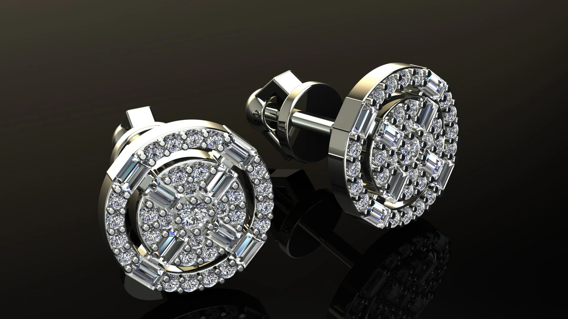 Round Diamonds Baguettes Earrings 3D Print Model .c4d .max .obj .3ds .fbx .stl .blend