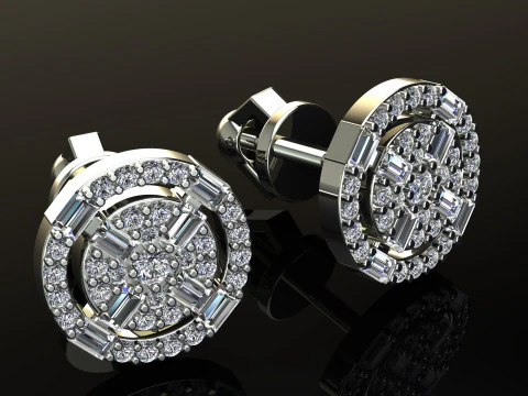 ラウンド ダイヤモンド バゲット イヤリング 3Dプリントモデル