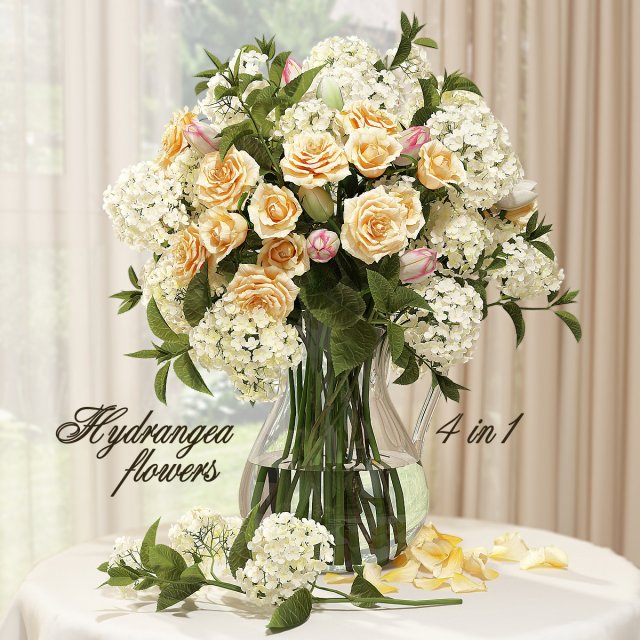 hydrangeas and roses in a vase Model 3D .c4d .max .obj .3ds .fbx .stl .blend 