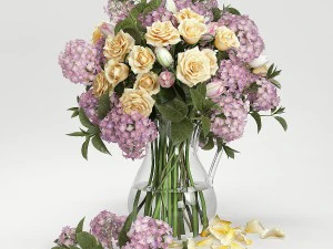 hydrangeas and roses in a vase 3D Model