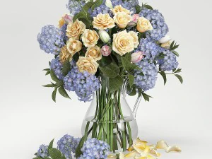 hydrangeas and roses in a vase 3D Model