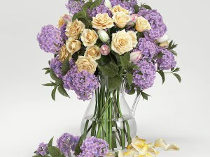 hydrangeas and roses in a vase 3D Model