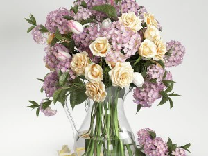 hydrangeas and roses in a vase 3D Model