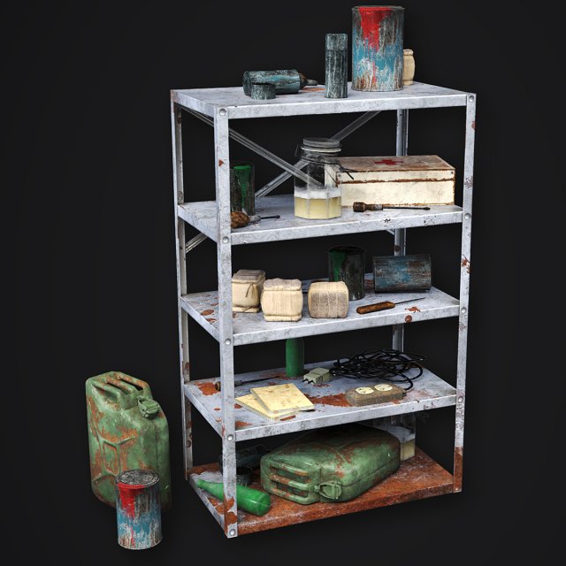 metal shelf collection with garbage - modular game ready props low-poly Modèle 3D .c4d .max .obj .3ds .fbx .stl .blend 