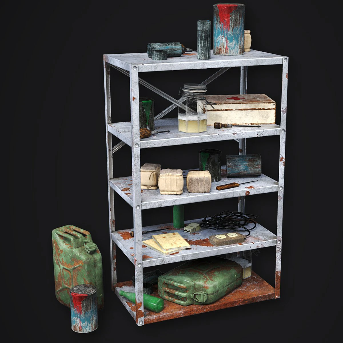 metal shelf collection with garbage - modular game ready props low-poly 3D Model .c4d .max .obj .3ds .fbx .stl .blend 
