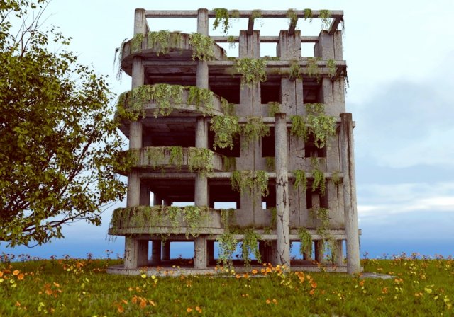 old abandoned damaged building 3D मॉडल .c4d .max .obj .3ds .fbx .stl .blend 