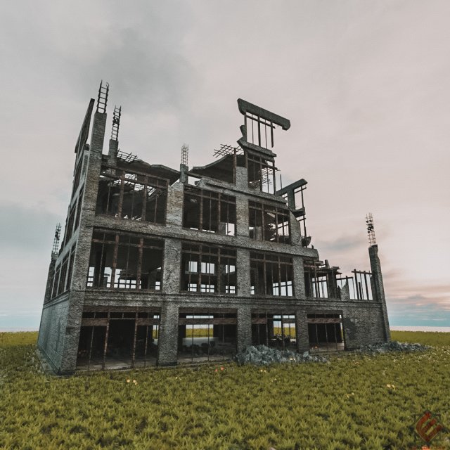 destroyed building abandoned post apocalypse Modello 3D .c4d .max .obj .3ds .fbx .stl .blend 