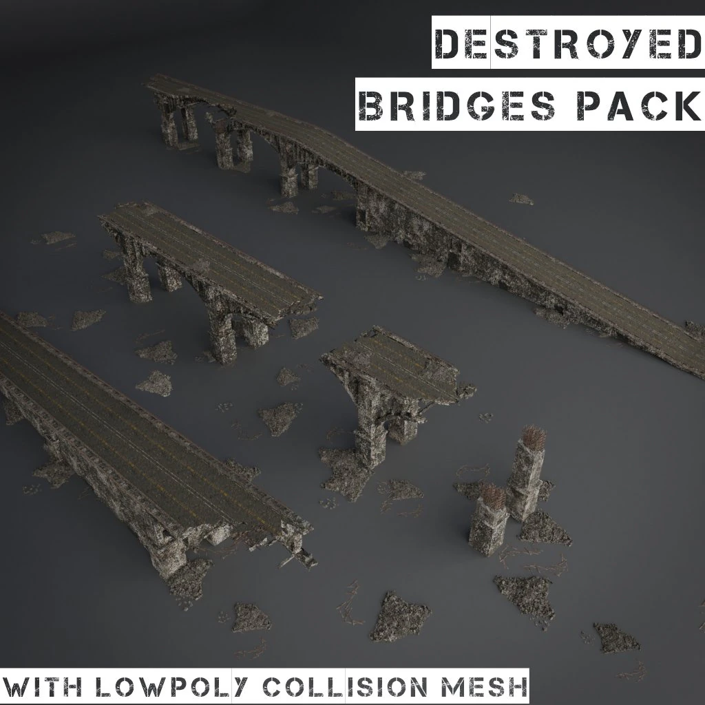 destroyed bridge set kitbash 3D Model .c4d .max .obj .3ds .fbx .stl .blend 