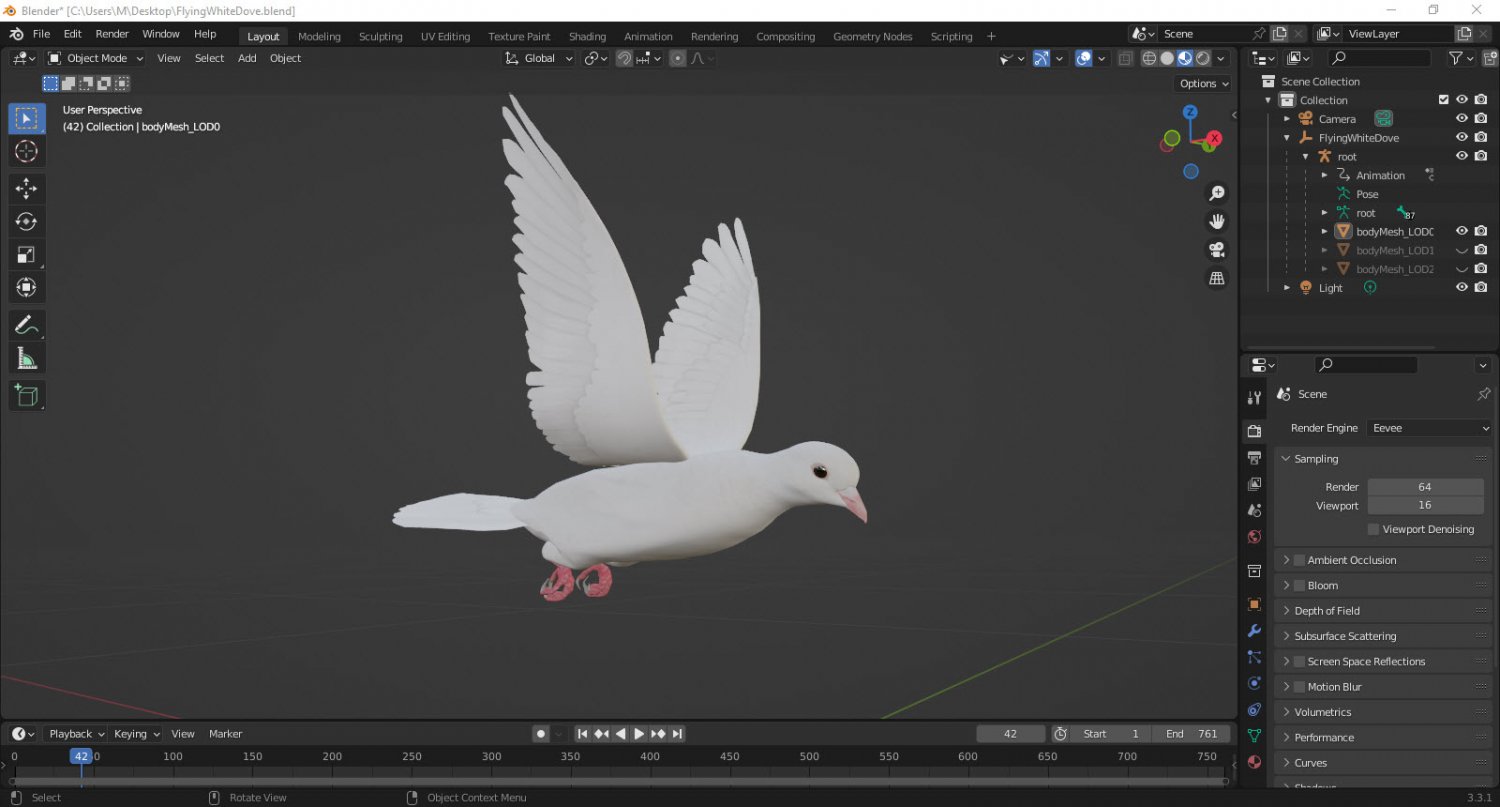 Realistic Flying White Dove- LOOP FLIGHT Animations Low-Poly 3D.
