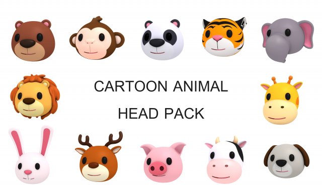 cartoon animal head pack Model 3D .c4d .max .obj .3ds .fbx .stl .blend 
