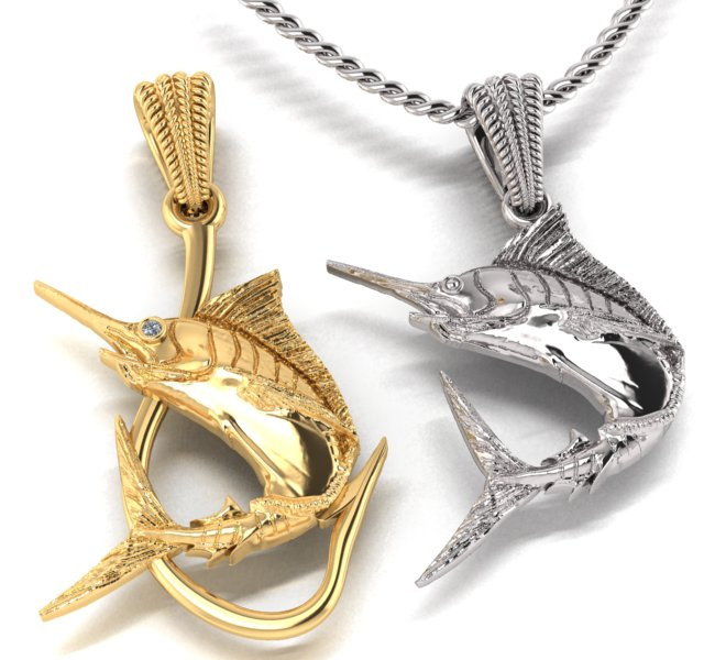 Pendant swordfish two options with diamond and hook 3D Print Model .c4d .max .obj .3ds .fbx .stl .blend 
