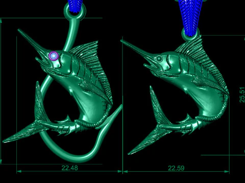 Pendant swordfish two options with diamond and hook 3D Print Model