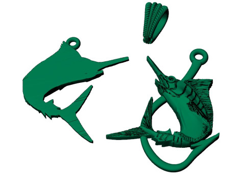 Pendant swordfish two options with diamond and hook 3D Print Model