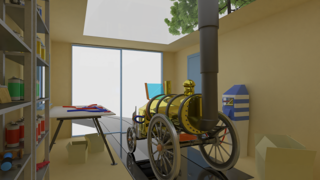 steam cartoon locomotive in a glazed garage Model 3D .c4d .max .obj .3ds .fbx .stl .blend 