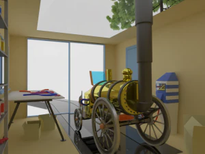 steam cartoon locomotive in a glazed garage 3D Model