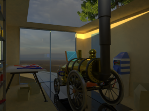 steam cartoon locomotive in a glazed garage Model 3D