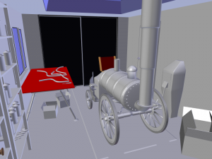 steam cartoon locomotive in a glazed garage Model 3D
