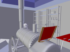 steam cartoon locomotive in a glazed garage Model 3D
