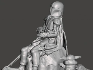 inspired tha mandalorian scene wounded mando with baby yoda trying to use the force to cure him 3D Print Model