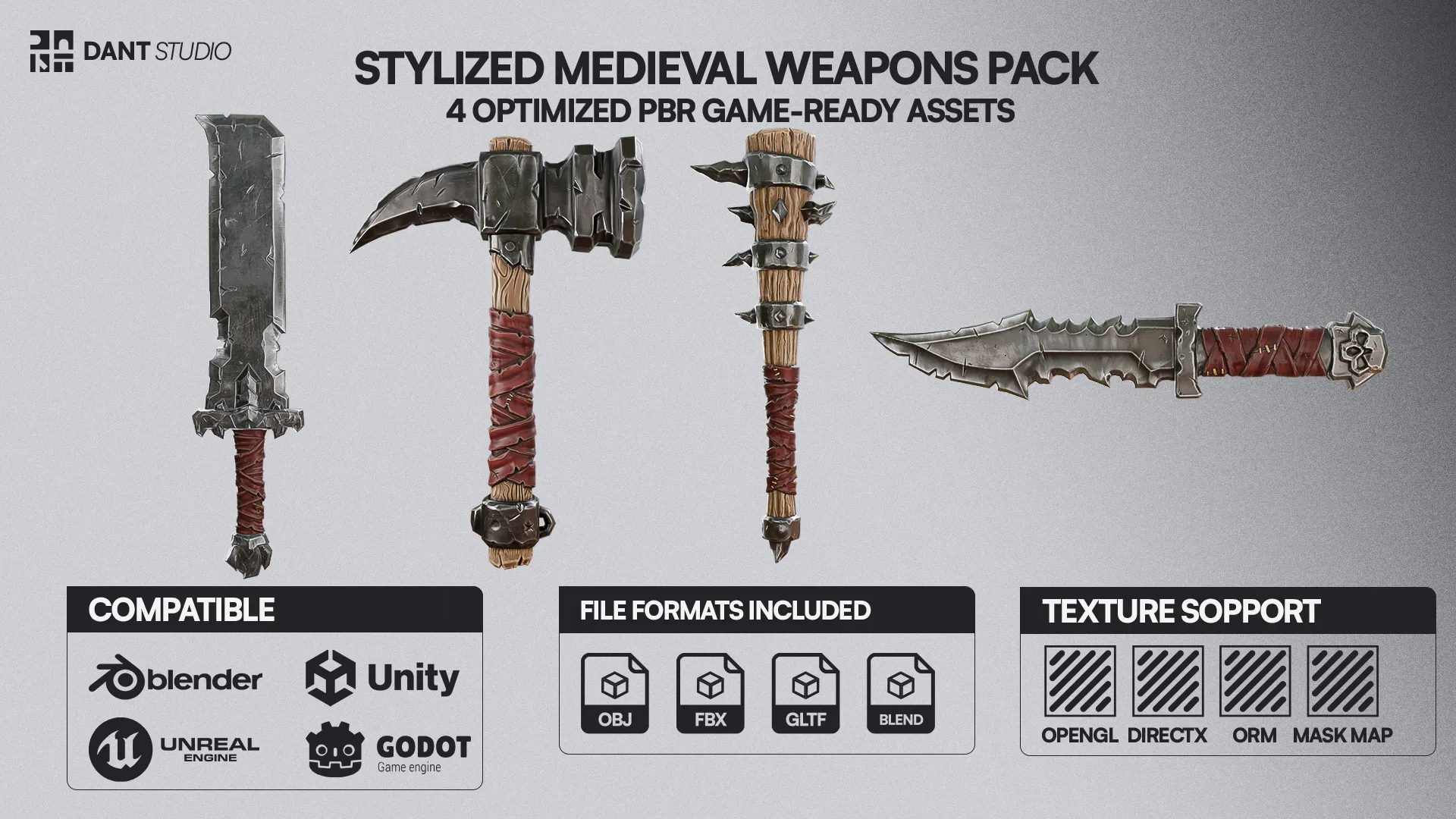 Stylized Medieval Weapons Pack 3D Model .c4d .max .obj .3ds .fbx .stl .blend 