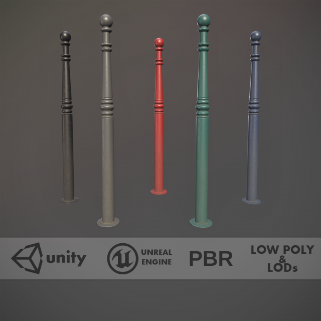 barrier bollard pack 1 v1 five color options low poly lods 3D Model .c4d .max .obj .3ds .fbx .stl .blend 