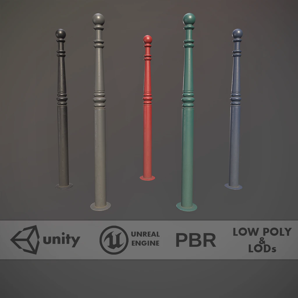barrier bollard pack 1 v1 five color options low poly lods 3D Model .c4d .max .obj .3ds .fbx .stl .blend