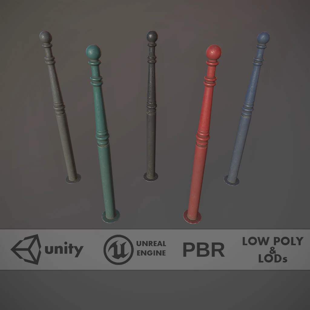 barrier bollard pack 1 v2 five color options low poly lods 3D Model .c4d .max .obj .3ds .fbx .stl .blend